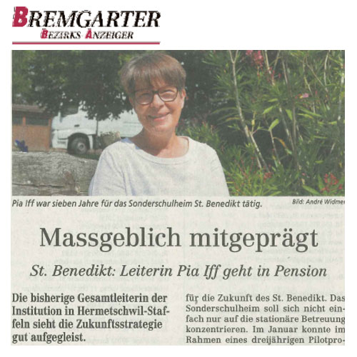 Stationäre Sonderschule, St. Benedikt Hermetschwil - 2020 - 28.08.2020 
Bremgartener Bezirks Anzeiger
Massgeblich mitgeprägt