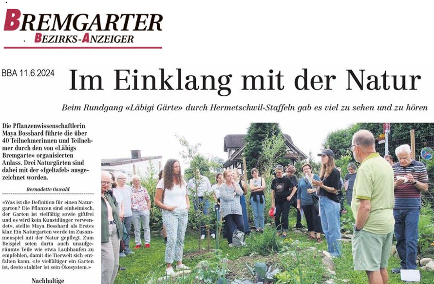 Stationäre Sonderschule, St. Benedikt Hermetschwil - 2024 - 11.06.2024
Bremgarter Bezirks Anzeiger
Im Einklang mit der Natur