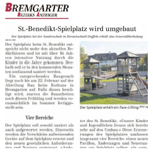 Stationäre Sonderschule, St. Benedikt Hermetschwil - 2022 - 28.01.2022
Bremgarter Bezirks Anzeiger
Spielplatz